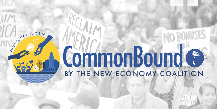 CommonBound logo appears over a faded image of a large protest