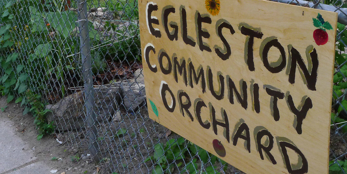 A hand-painted wooden sign reading "Egleston Community Orchard" hung on a metal fence. Inside the fence are a number of green plants. 