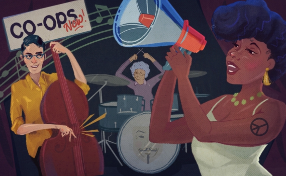 Intergenerational band jamming out with a "Co-Ops Now" sign in the background. Illustration by Jennifer Luxton for Yes! Magazine.