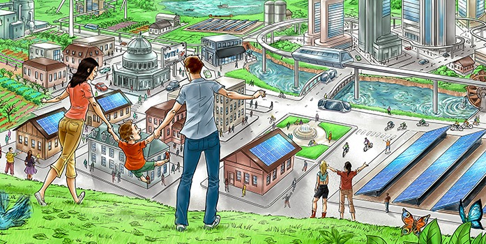 Illustration of a family standing in front of a futuristic city, featuring solar panels, high-speed rail lines and a mix of residential and commercial businesses. Other people are visible in the city. 